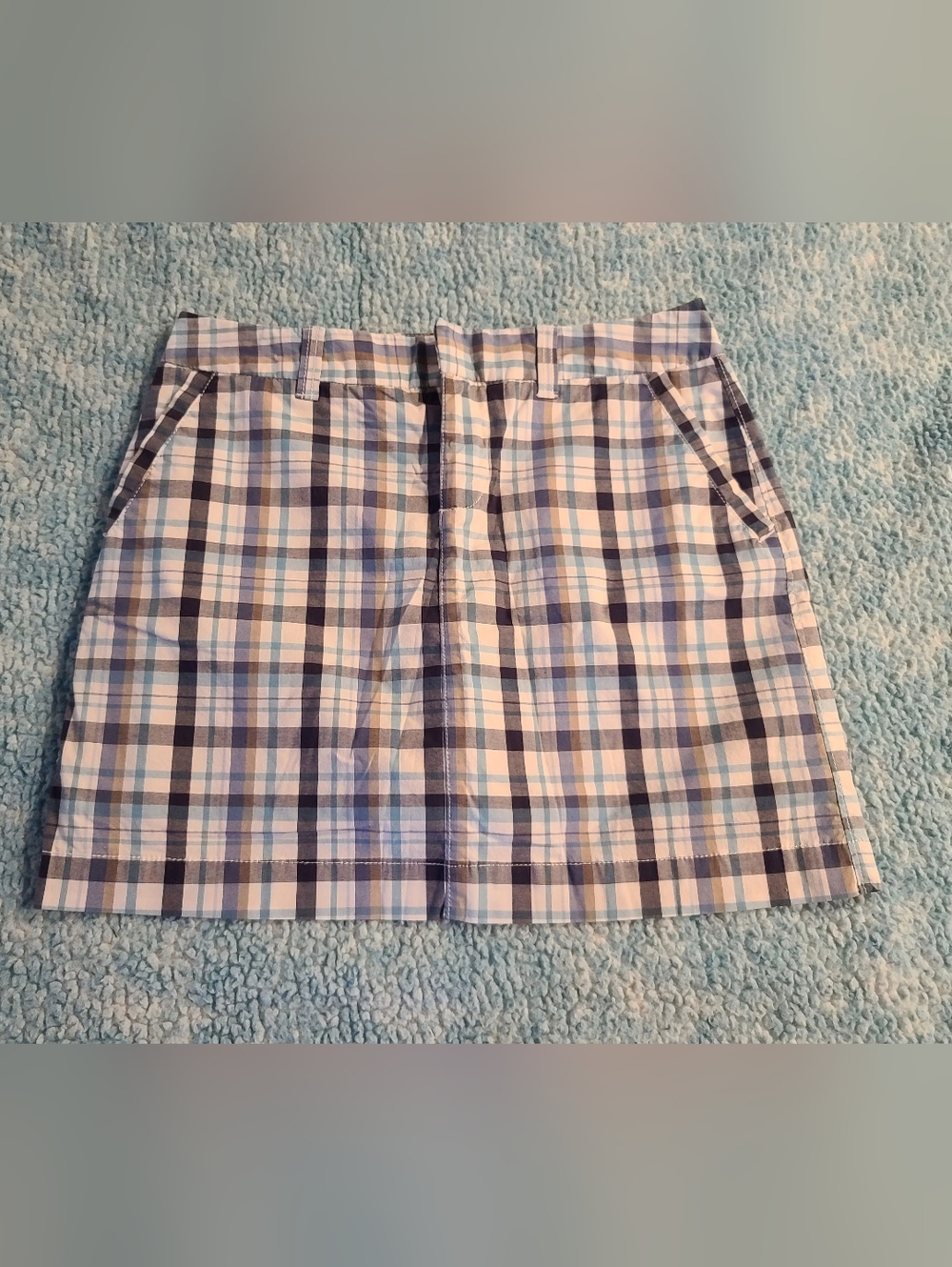 Women’s Sonoma Sz 8 Blue/White/Tan Plaid Skort, EC